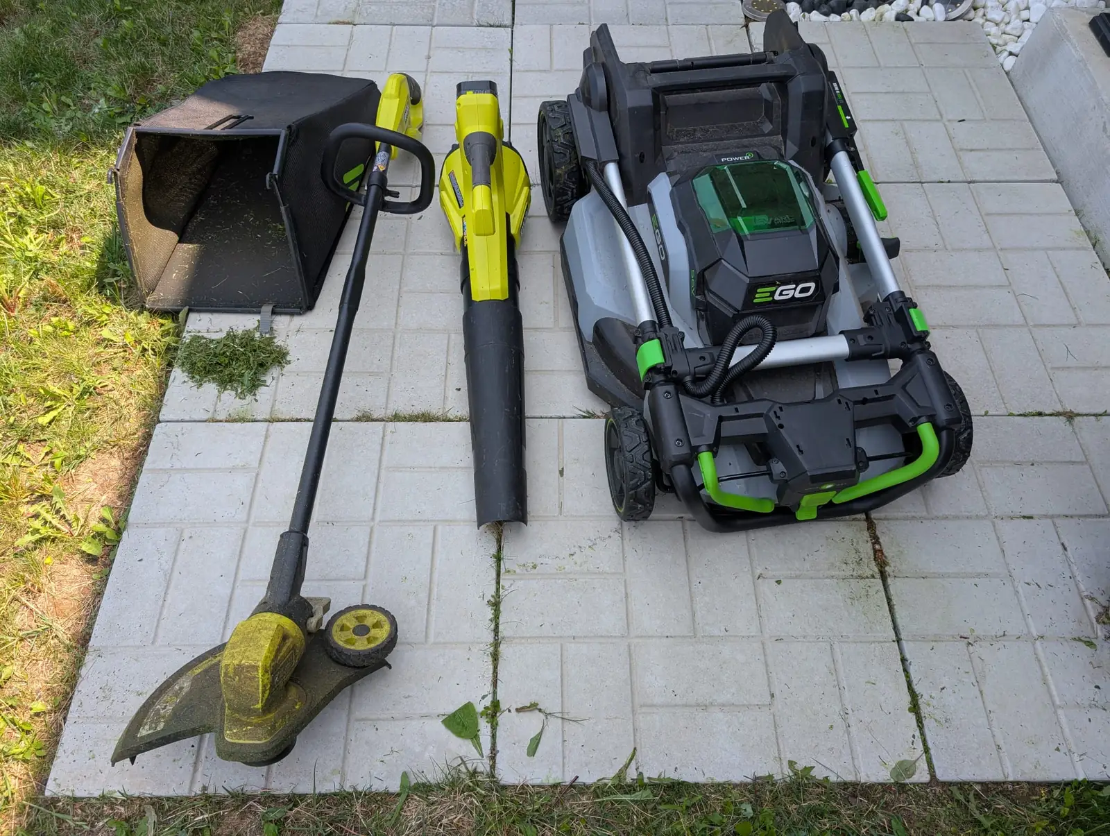 Battery-powered mower, blower and trimmer